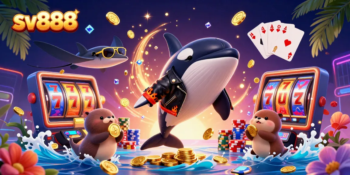 sv888 features a thrilling casino scene with orca, stingray, and otters celebrating wins.