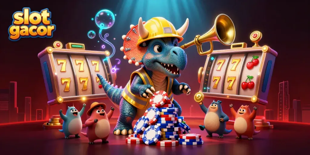 Permainan slot gacor yang diilustrasikan dengan dinosaurus ceria membangun tumpukan chip poker dan membuat suasana meriah.