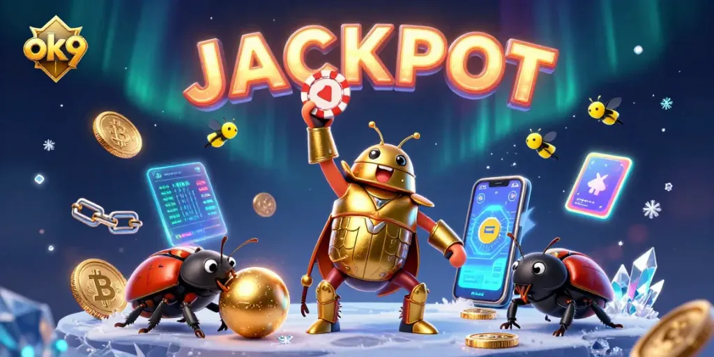 Spin for fun and victory with ok9's vibrant gaming scene showcasing a triumphant beetle and digital coins.