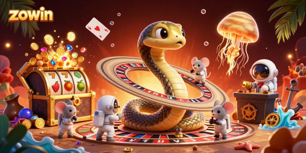 Zowin's vibrant casino scene features astronaut mice betting on roulette while enjoying rich underwater gems.