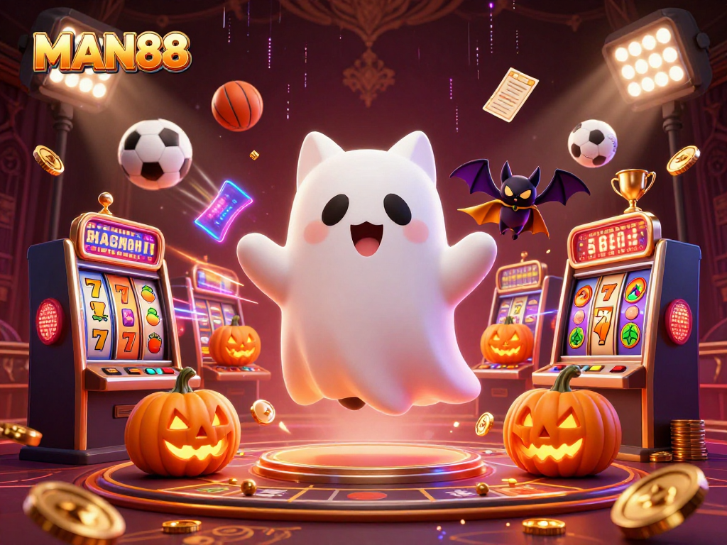 Spin the reels at MAN88, featuring a ghost cat and bat companion in a vibrant casino scene.