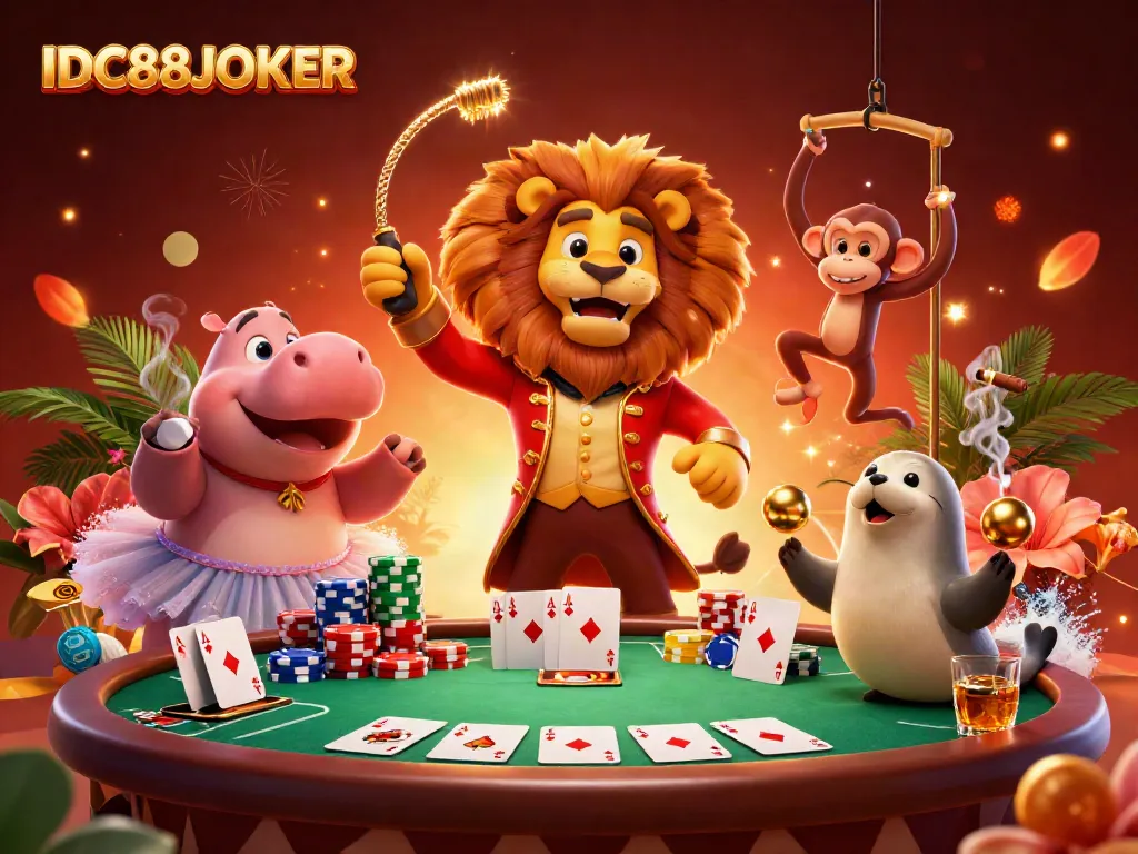 Experience the excitement of IDC88JOKER with a dynamic 3D illustration of a circus theme, showcasing vibrant characters and poker elements.