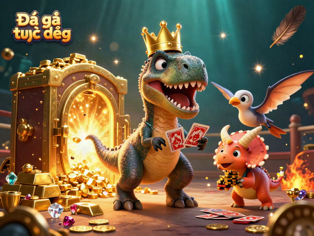 Engage in Đá gà trực tiếp with dynamic characters and vibrant gambling elements in a 3D illustration.