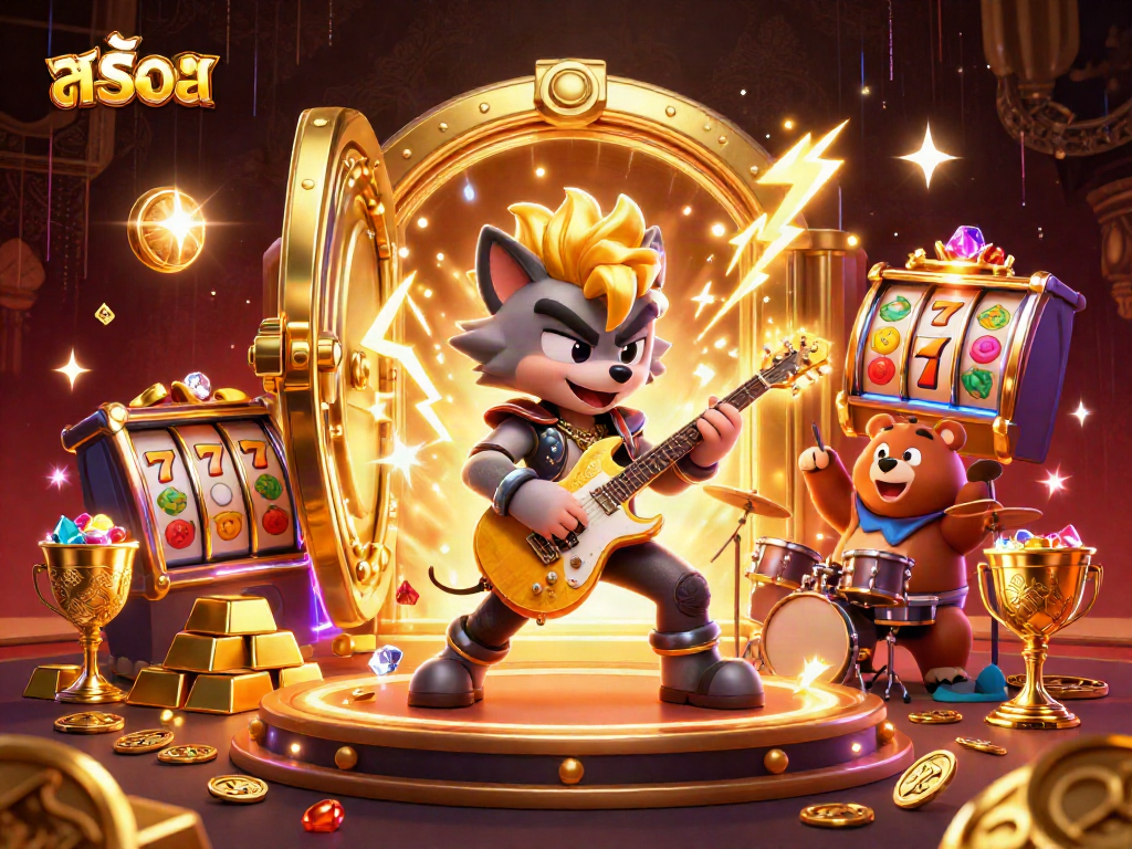Engage with สล็อต action as a rock star wolf performs on stage surrounded by dazzling casino elements.