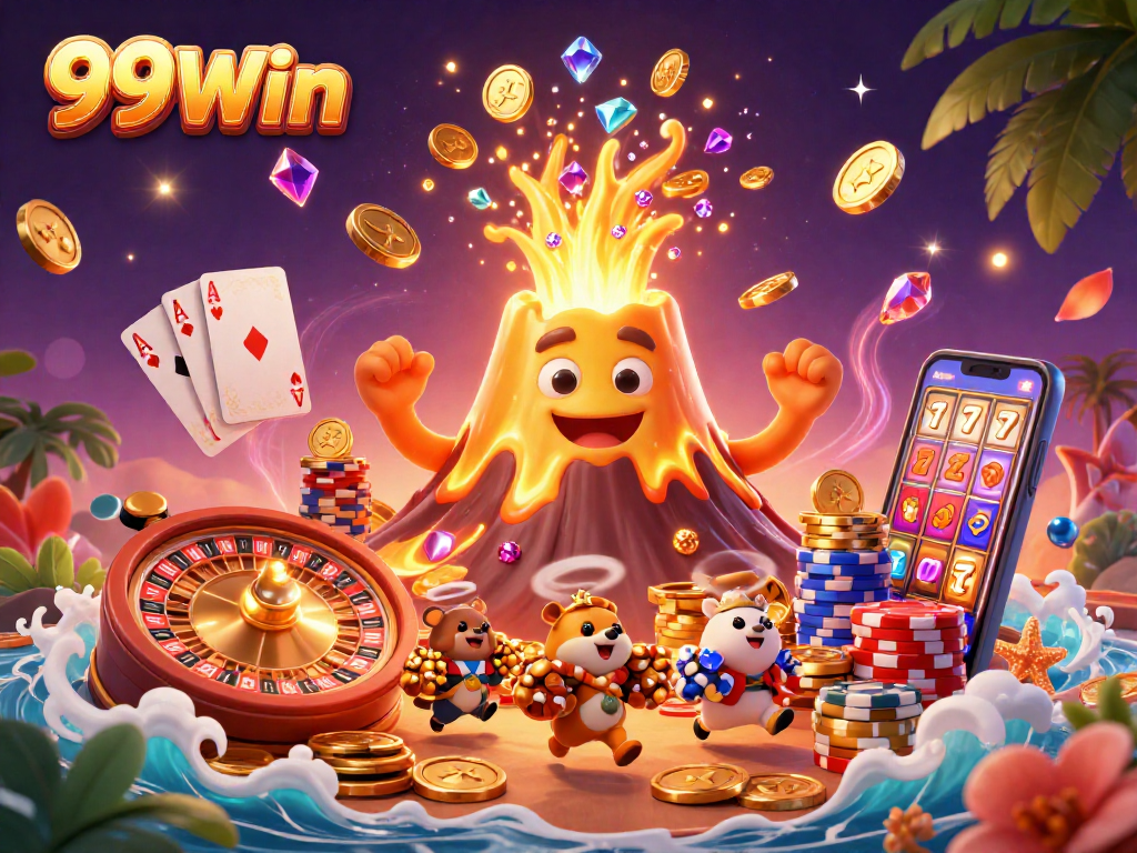 Experience the thrill of winning at 99Win with this vibrant casino-themed illustration featuring a golden volcano erupting with treasures.
