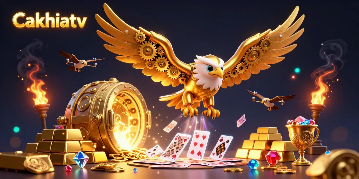 Cakhiatv showcases a cybernetic eagle diving through holographic cards in a vibrant casino atmosphere.