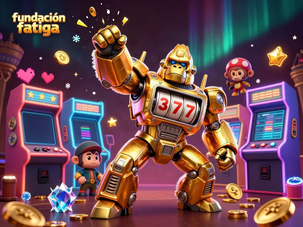 Join the fun with fundacionfatiga as a golden mech and monkey pilot explode with coins in a casino gaming scene.