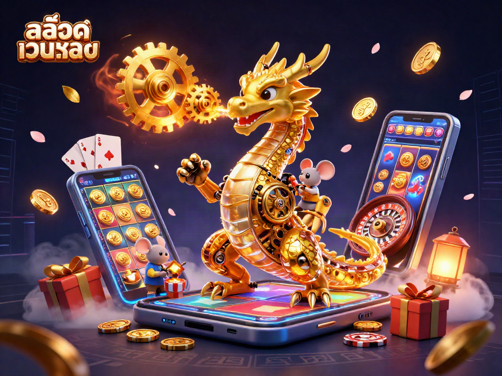 Engage with สล็อตเว็บตรง's exciting features featuring a mystical dragon and captivating casino elements.