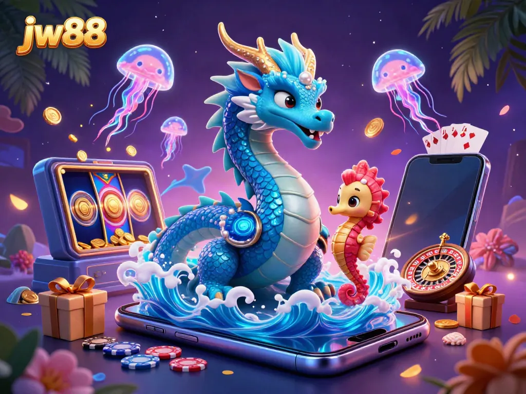 Experience the thrill of jw88 with a stunning 3D illustration of a vibrant casino scene featuring a dragon and gaming symbols.