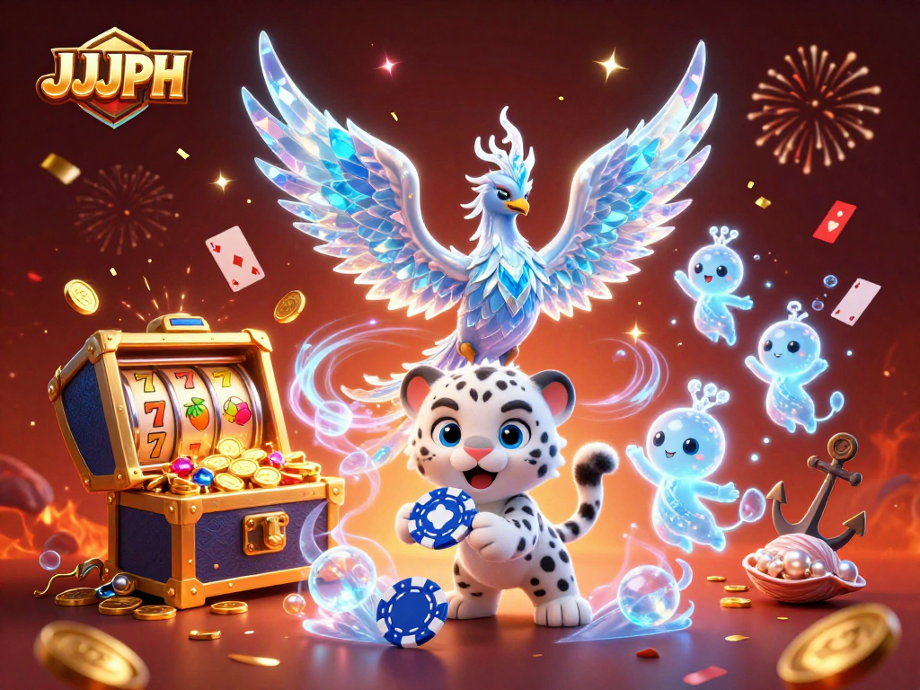 Magandang 3D na ilustrasyon ng phoenix at leopardo na naglalaro ng poker chip para sa JJJPH online casino.
