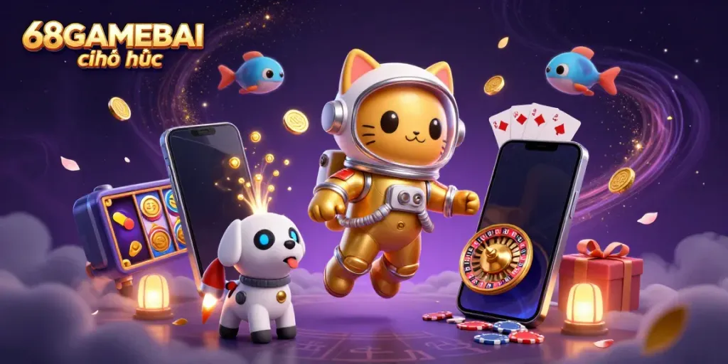 Engage with the thrilling world in 68GAMEBAI chính thức featuring a floating astronaut cat amidst interactive casino elements.