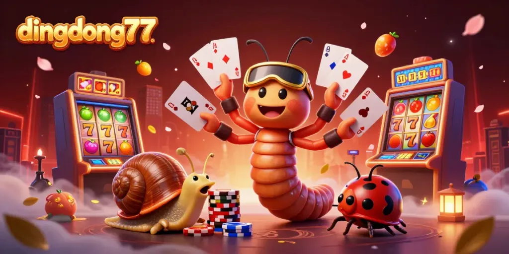 Experience thrilling wins at dingdong77 with a vibrant casino illustration featuring cartoon characters engaged in the action.