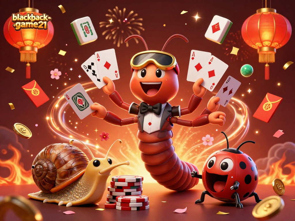 Join the excitement at blackjack-game21 as a millipede dealer fans out cards with colorful casino elements.