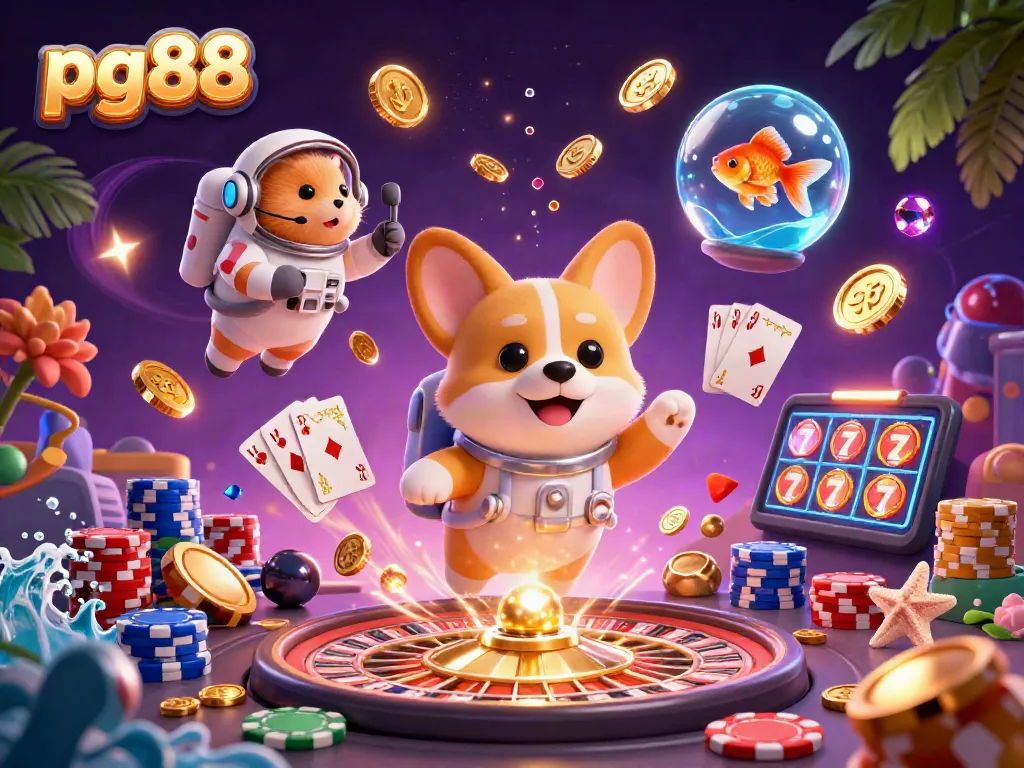 Engage with pg88's dynamic casino scene featuring a playful corgi, floating coins, and vibrant game elements.