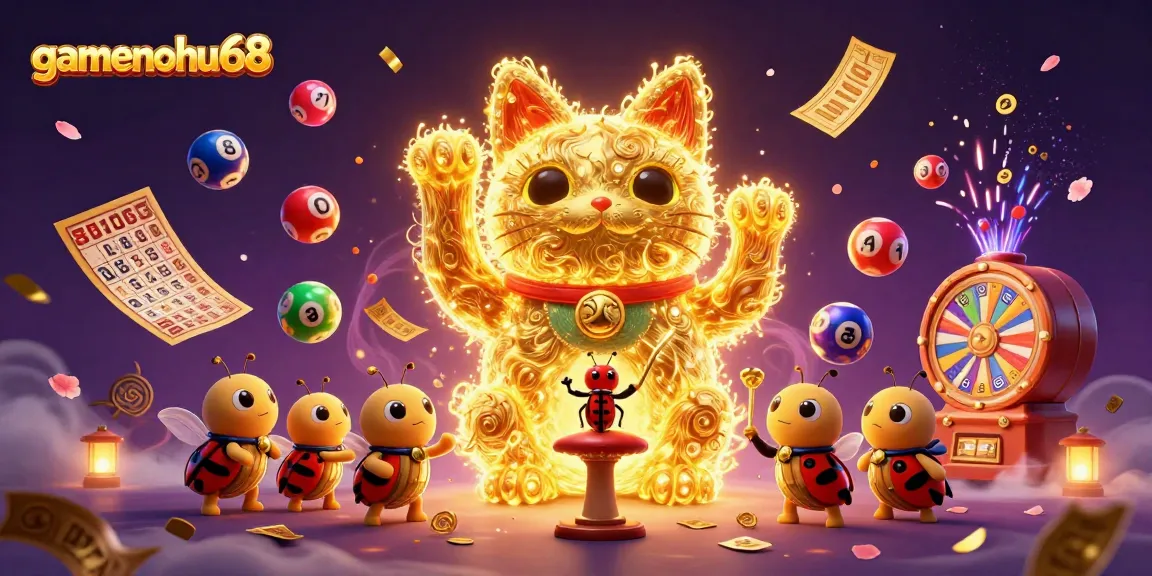 Experience the magic of gamenohu68 as golden fireflies form a lucky cat amidst vibrant lottery elements.