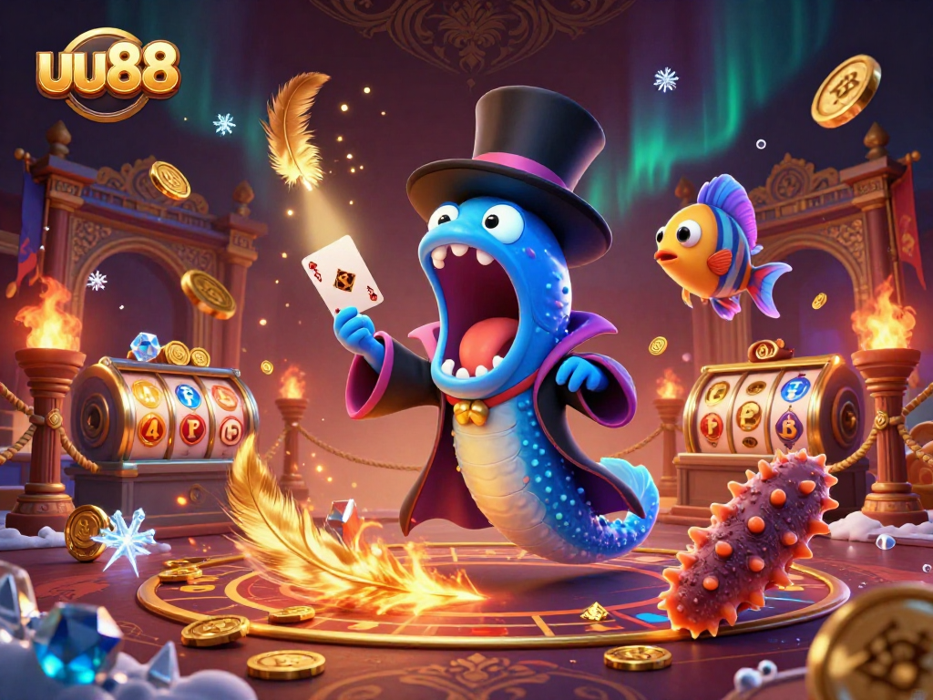 Experience magic with uu88 in this vibrant cartoon casino scene featuring a gulper eel magician.