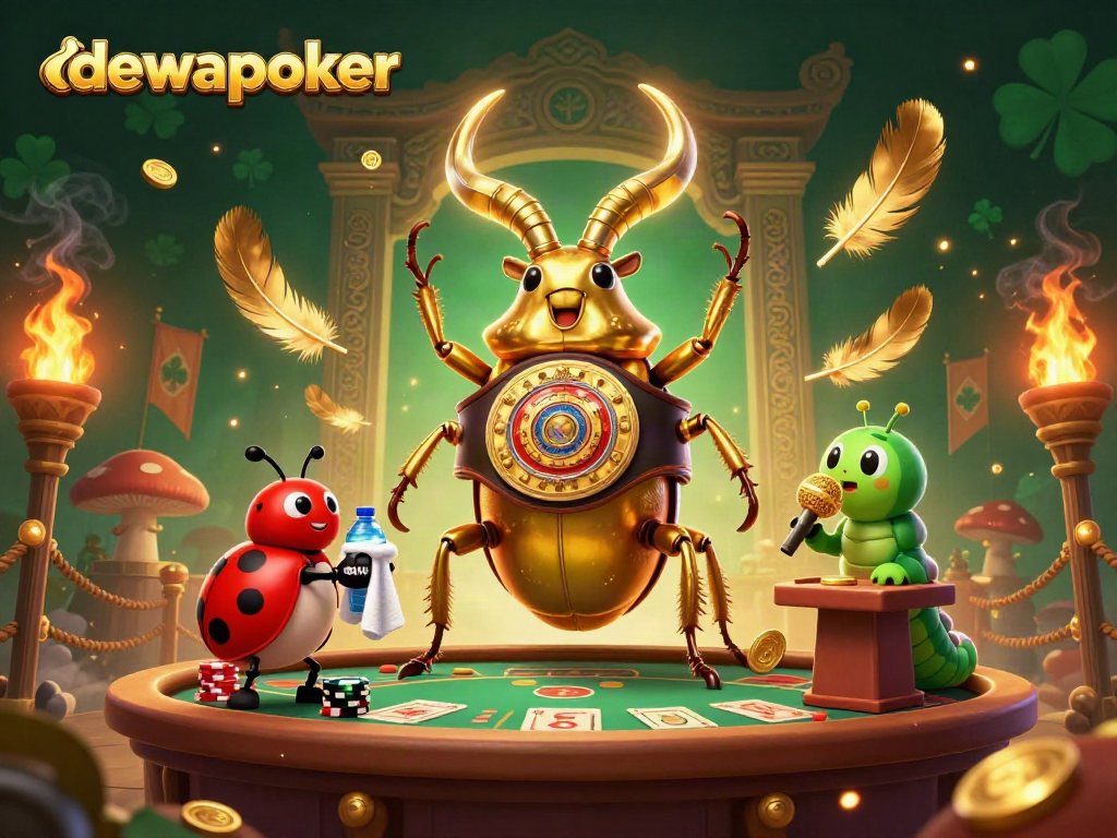 Dewapoker illustration of a golden stag beetle boxer competing in a vibrant poker arena, showcasing action and excitement.