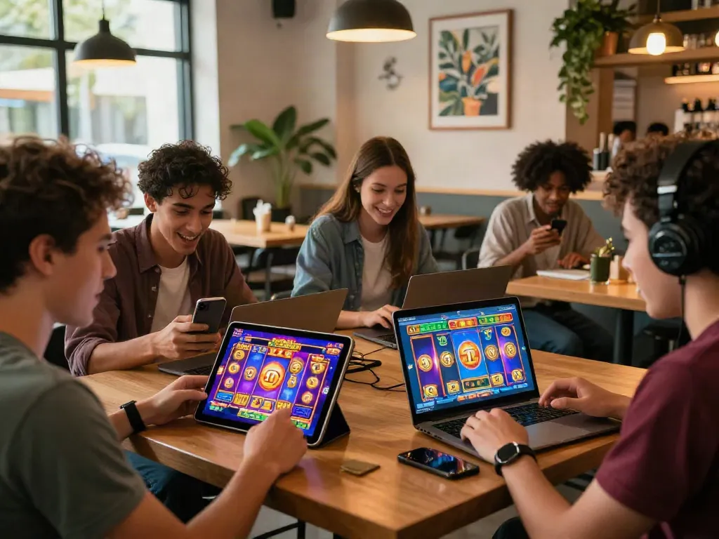 Excited players enjoying slot online games on various devices in a cozy coffee shop atmosphere.