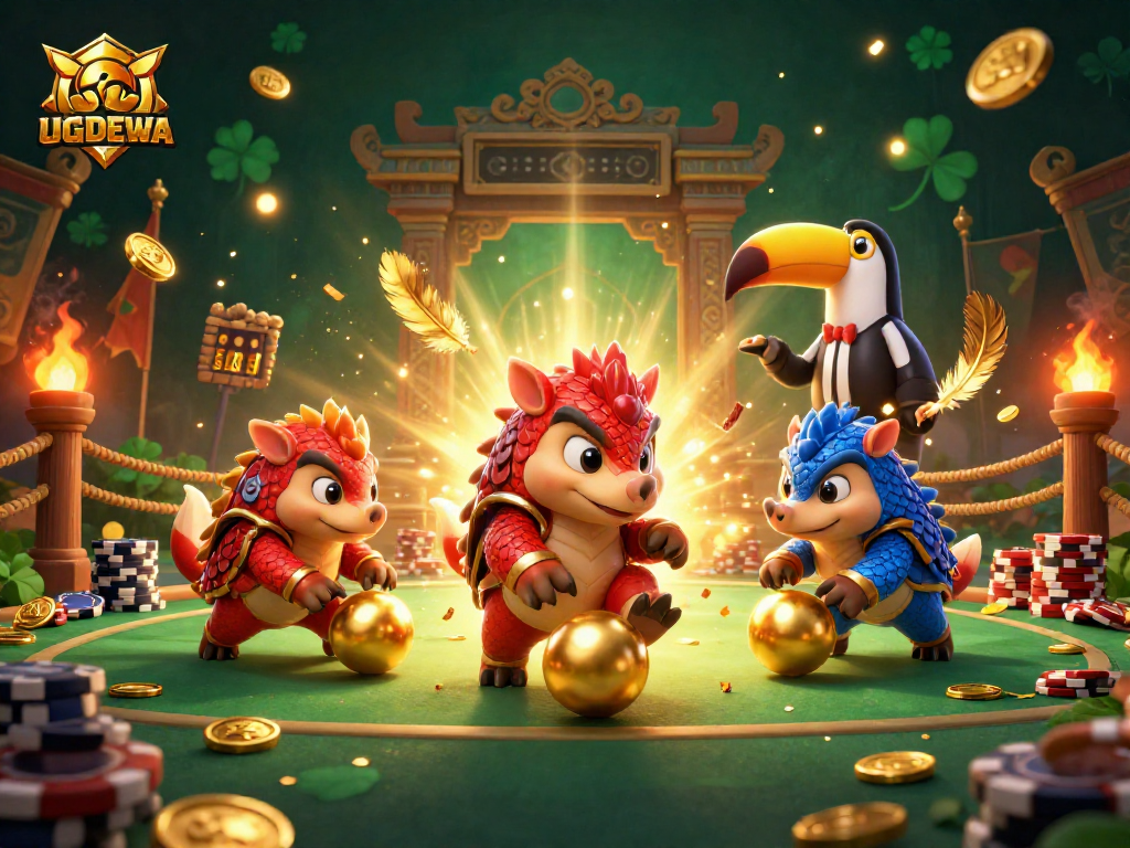 UGDEWA pangolins compete in a lively casino scene filled with poker chips and golden elements.