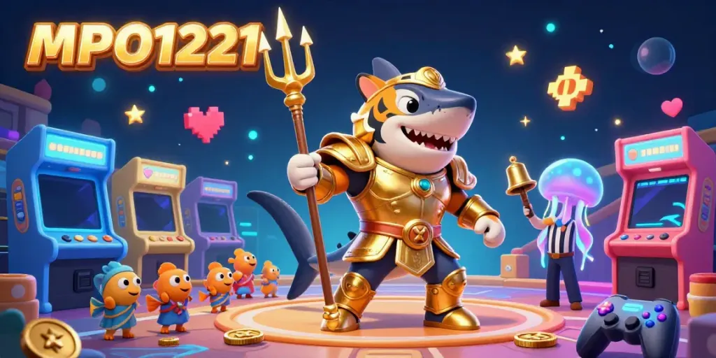 MPO1221 showcases an underwater casino scene with a tiger shark gladiator, arcade machines, and joyful fish, emphasizing gaming excitement.