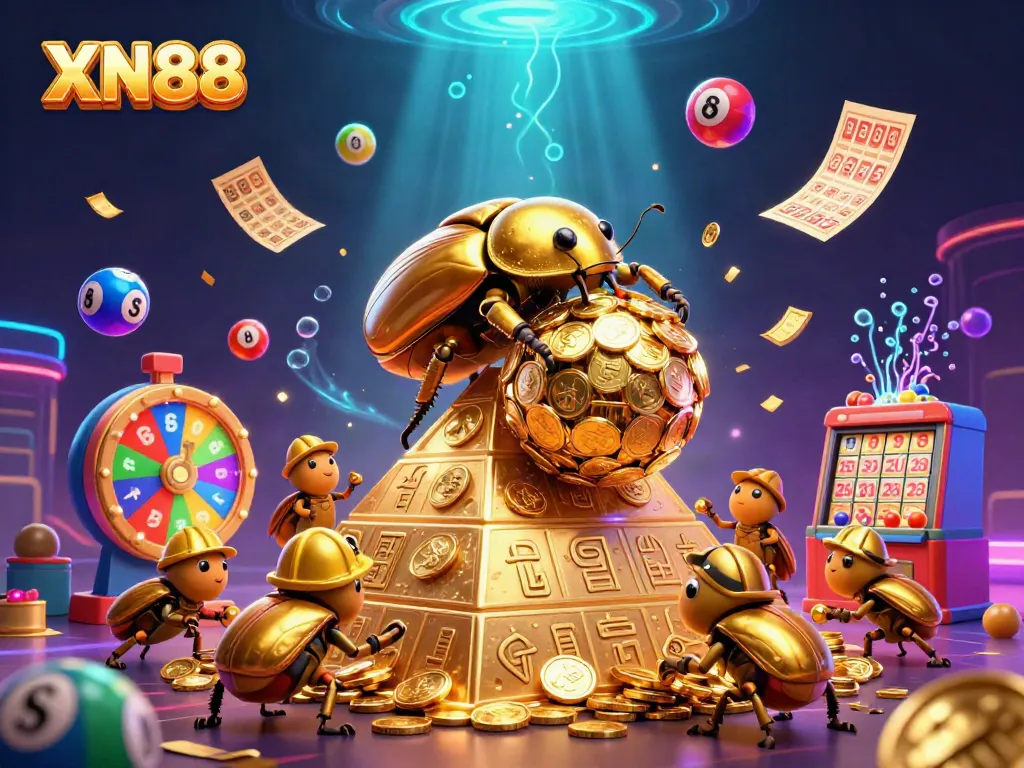 Engage with XN88's thrilling gaming experience with this vibrant 3D illustration depicting exciting lottery elements.