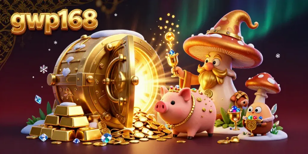 Gambang kemenangan dalam permainan kasino dengan gwp168 di ilustrasi 3D penuh koin emas dan harta karun.