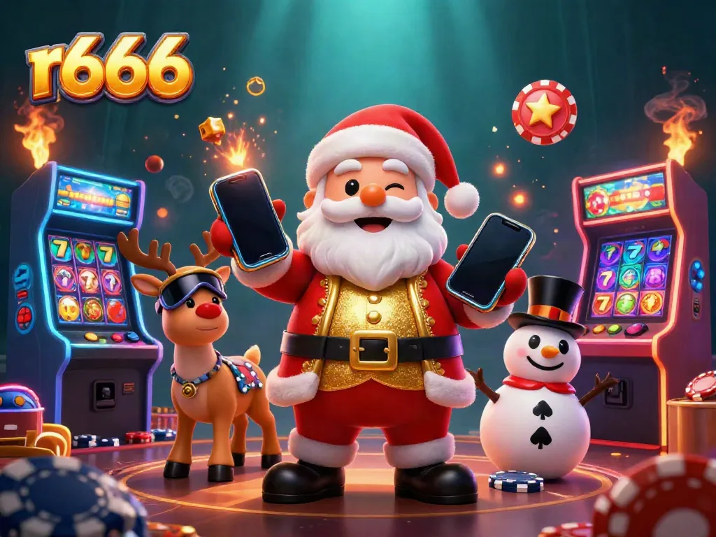 Experience exciting r666 gameplay with Santa and friends in a festive casino environment.