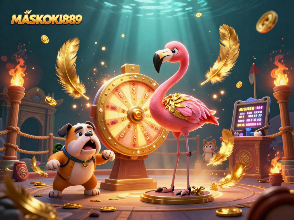 Experience the excitement of MASKOKI889 with a vibrant casino scene featuring a game show host flamingo and bulldog