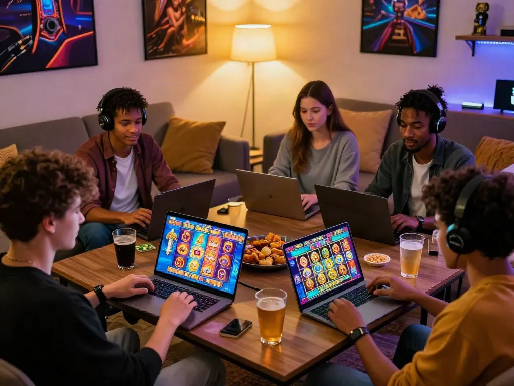 Exciting online slot gaming scene with friends enjoying various devices and colorful graphics.