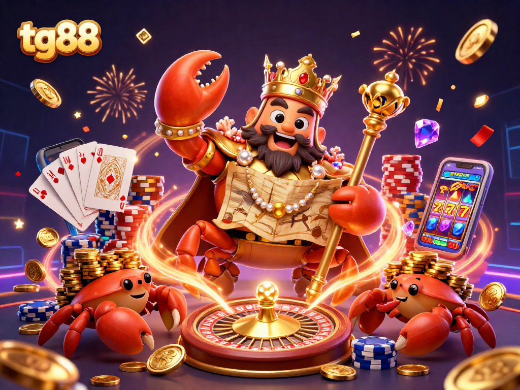 Experience excitement at tg88 with a golden crab emperor amidst sparkling casino chaos, embodying joy and winning strategy.
