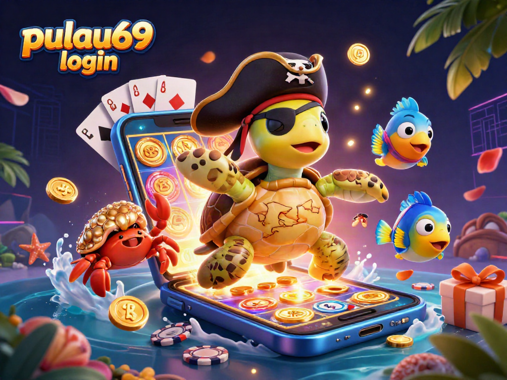 Experience pulau69 login through this vibrant 3D illustration of a pirate turtle navigating casino treasures.