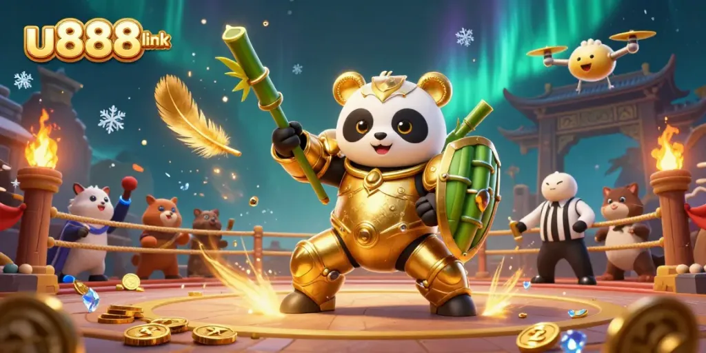 Engage with u888 link as a golden panda battles in a dynamic betting arena amidst swirling feathers.