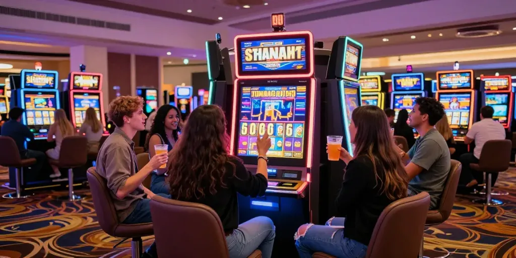 Excited friends celebrating a big win at a slot gacor machine in a vibrant casino setting.