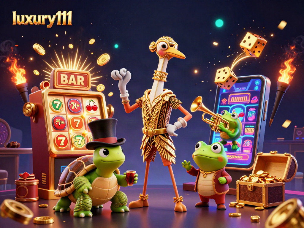 Spin to win at luxury111 with a lively 3D casino scene filled with vibrant characters and rich gaming elements.