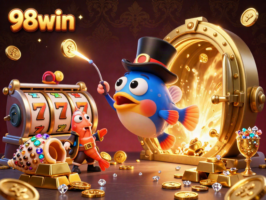 Experience thrilling games and treasures at 98win with charismatic sea creatures in a vibrant casino scene.