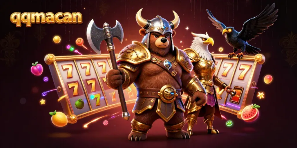 Engage with qqmacan as a Viking bear and Valkyrie eagle dominate a thrilling slot scene.