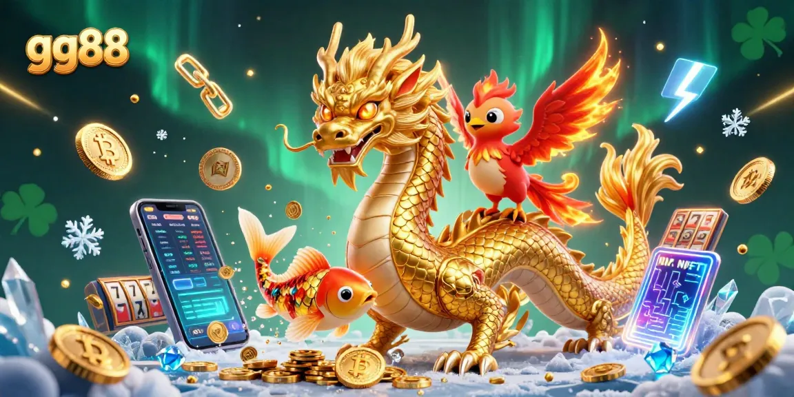 Experience thrilling gaming with gg88, where a dragon, phoenix, and koi fish celebrate winnings.