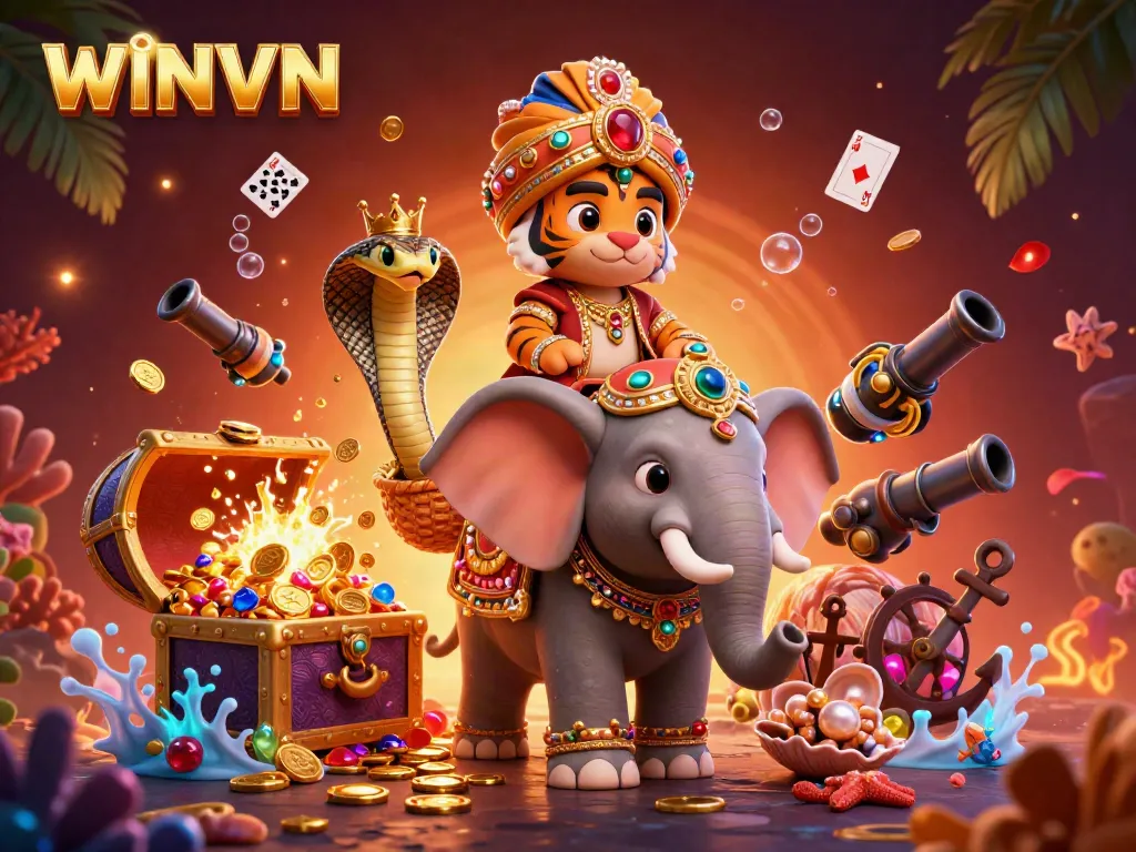 Experience WINVN's vibrant casino world with a jeweled elephant and treasure-filled adventure.