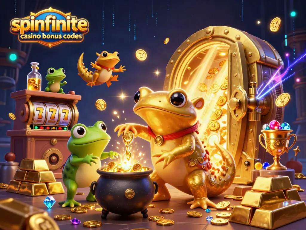 Engage with spinfinite casino bonus codes in a vibrant 3D illustration showcasing unique gaming elements and characters.