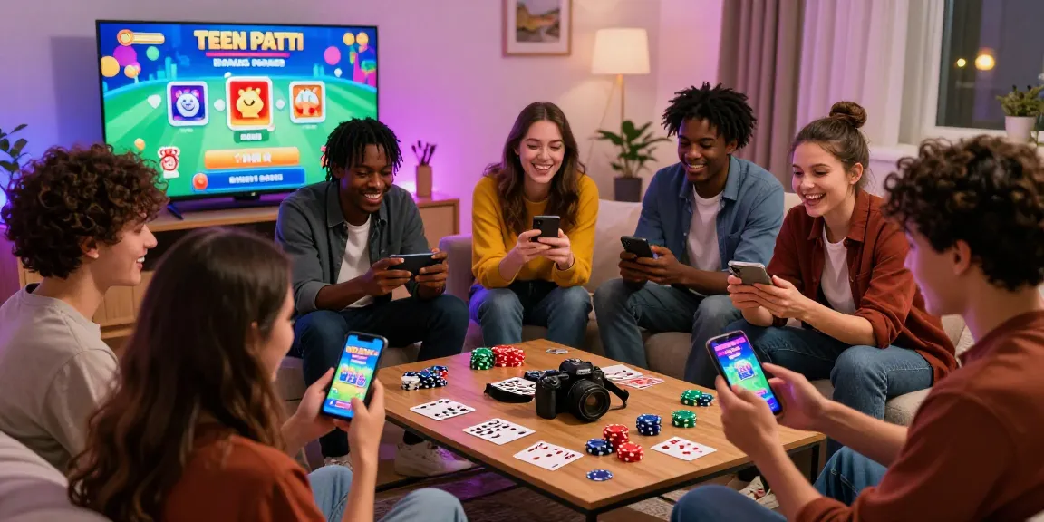 Group of friends enjoying the Teen Patti Vegas mobile version on smartphones, showcasing vibrant gameplay and social interaction.