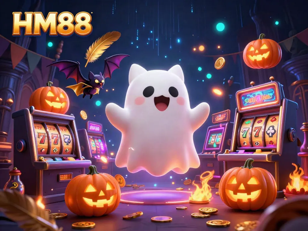 HM88 casino ghost cat and bat companions engaging in exciting betting activities with glowing elements.
