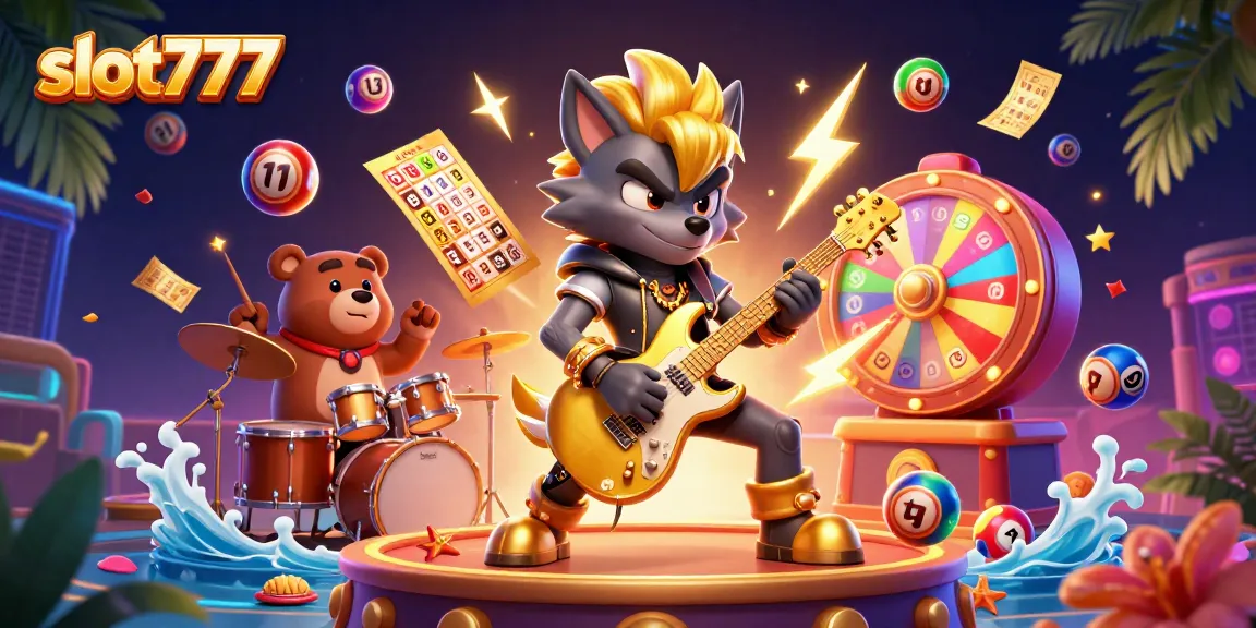 Watch slot777 characters come alive with a rock star wolf and drummer bear in an electrifying casino scene.