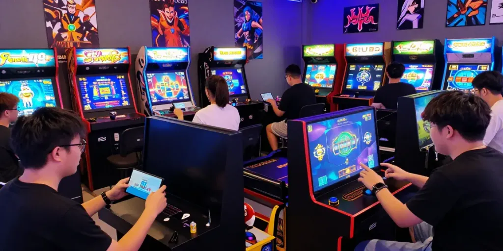 Players enjoying Yono Arcade games in a lively gaming lounge atmosphere