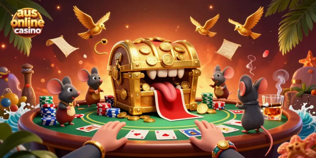 Play at aus online casino scenes featuring treasure chest and poker elements.