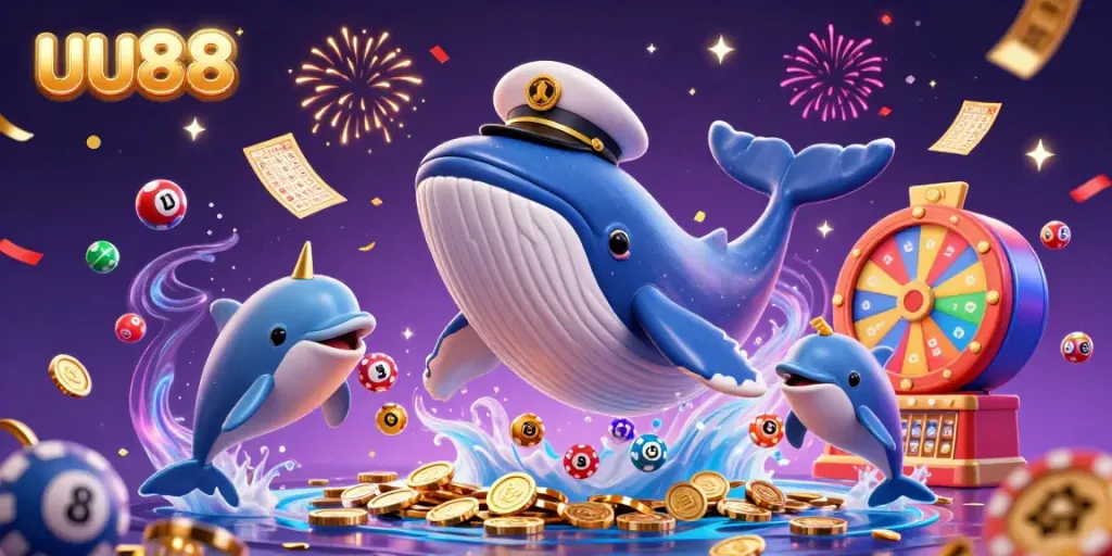 Experience thrilling gaming at uu88 with playful dolphins, a whale, and vibrant casino elements.