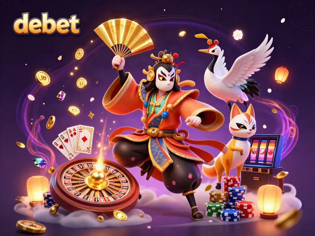 Join the thrilling gaming adventure with debet, featuring a vibrant illustration of kabuki characters and casino action.