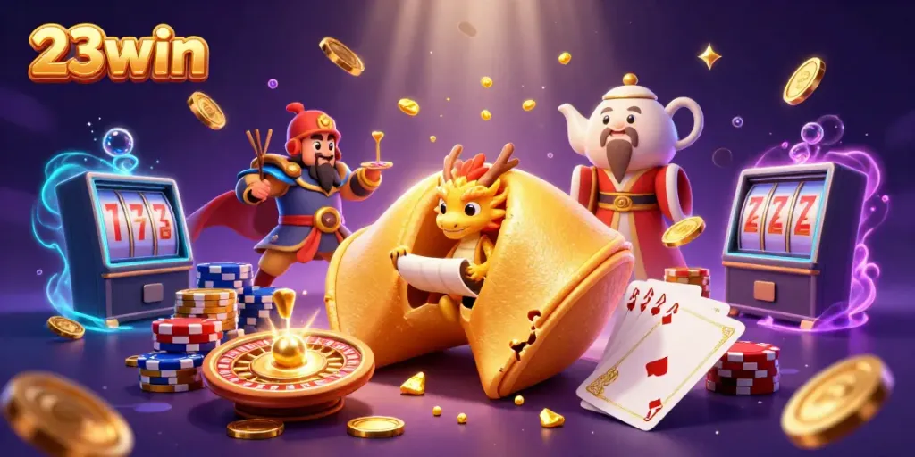 Play and win with 23win in an engaging, vibrant casino scene featuring dynamic characters and action.