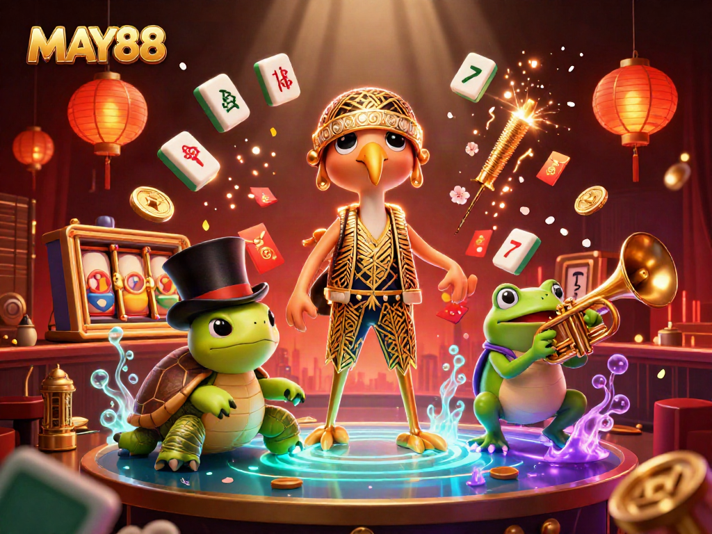 Engage with MAY88's vibrant casino atmosphere filled with slot reels, golden tiles, and animated characters.