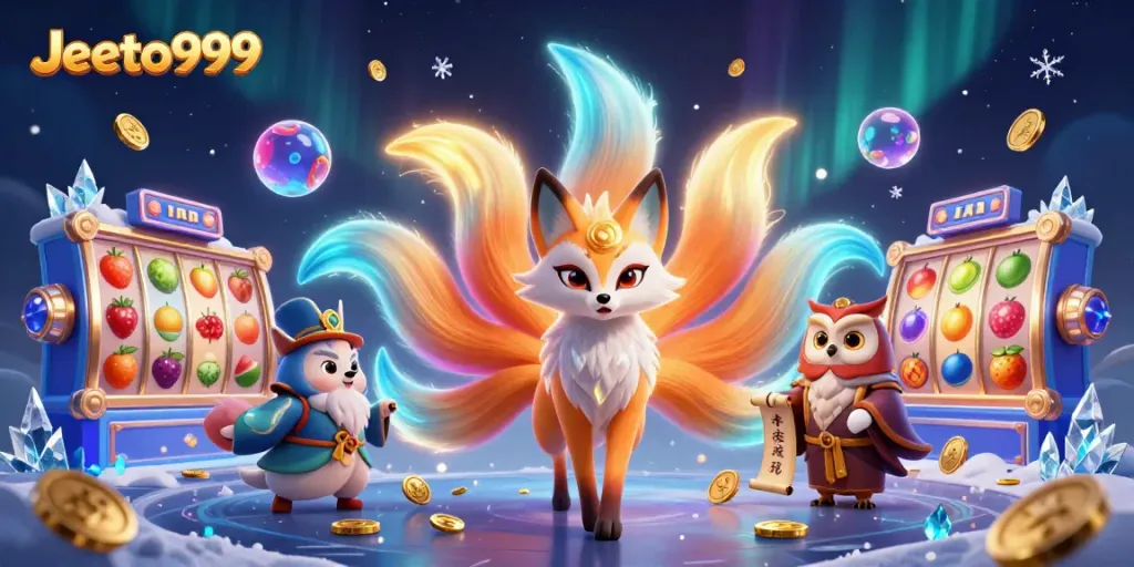 Engage in thrilling adventures with Jeeto999, showcasing vibrant slot gameplay and mystical characters.