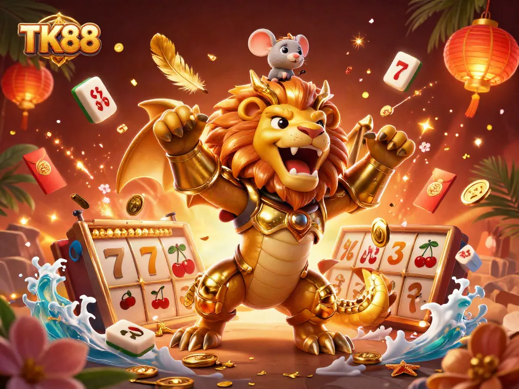 Engage with TK88 gaming through dynamic slot reels and a roaring chimera in a vibrant casino scene.